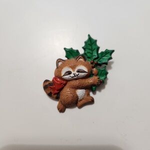Vintage 1986 Hallmark Brown Raccoon Brooch Pin Holly Red Bow 1.75"